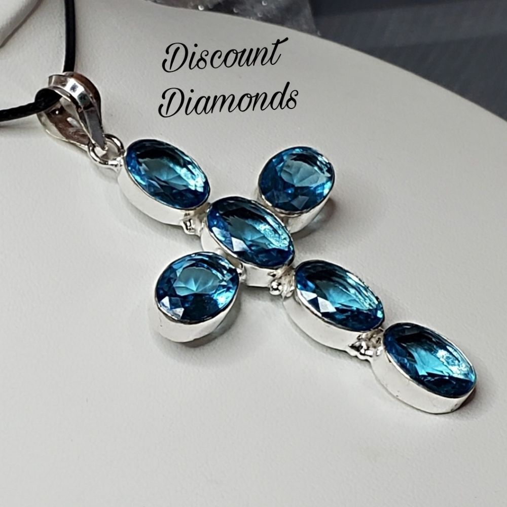 Blue Crystal Cross Pendant Necklace - Picture 5 of 7